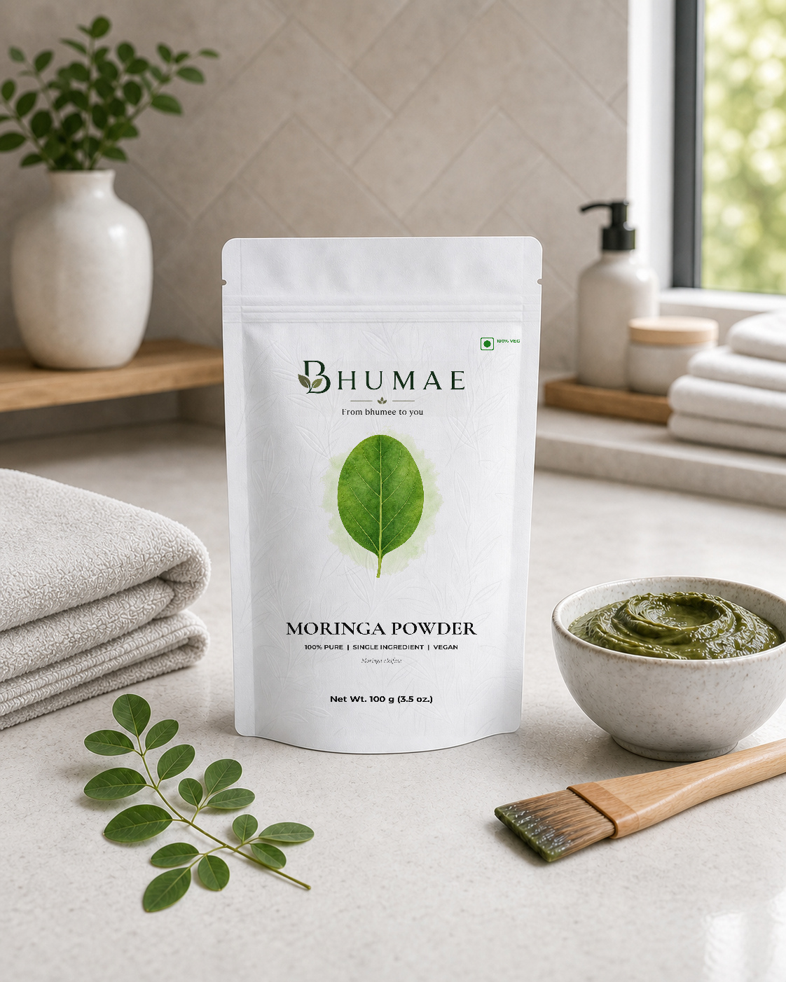 Moringa Powder styled for a calm self-care setting